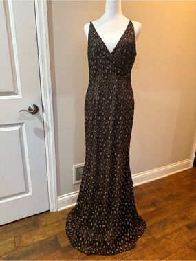 Dress the Population Black Maxi Dress with Copper Metallic Animal Print
